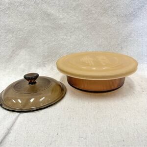 Vintage Corning Visions Amber Round Casserole Glass & Plastic Lid 24 Oz (V-30-B)